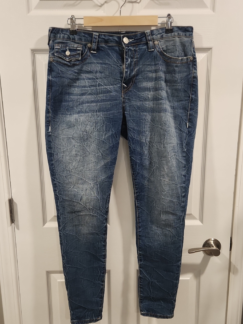 True Religion Mid Rise Super Skinny Washed Blue Denim Jeans